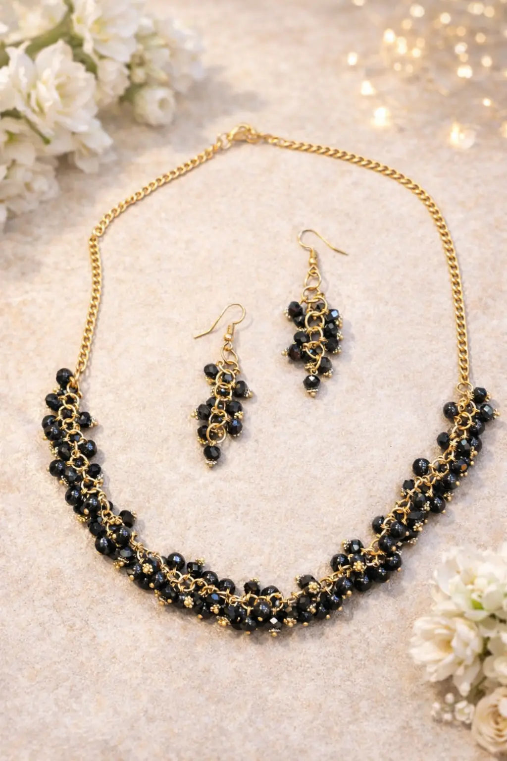 Black Beaded Gold Chain Necklace Set Coruscate Jewels