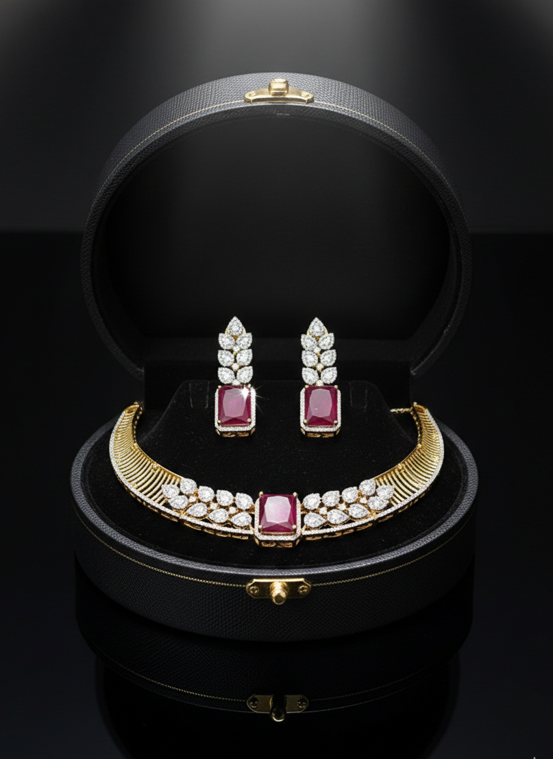 American Diamond Gold-Plated Ruby Leaf Style Necklace Set