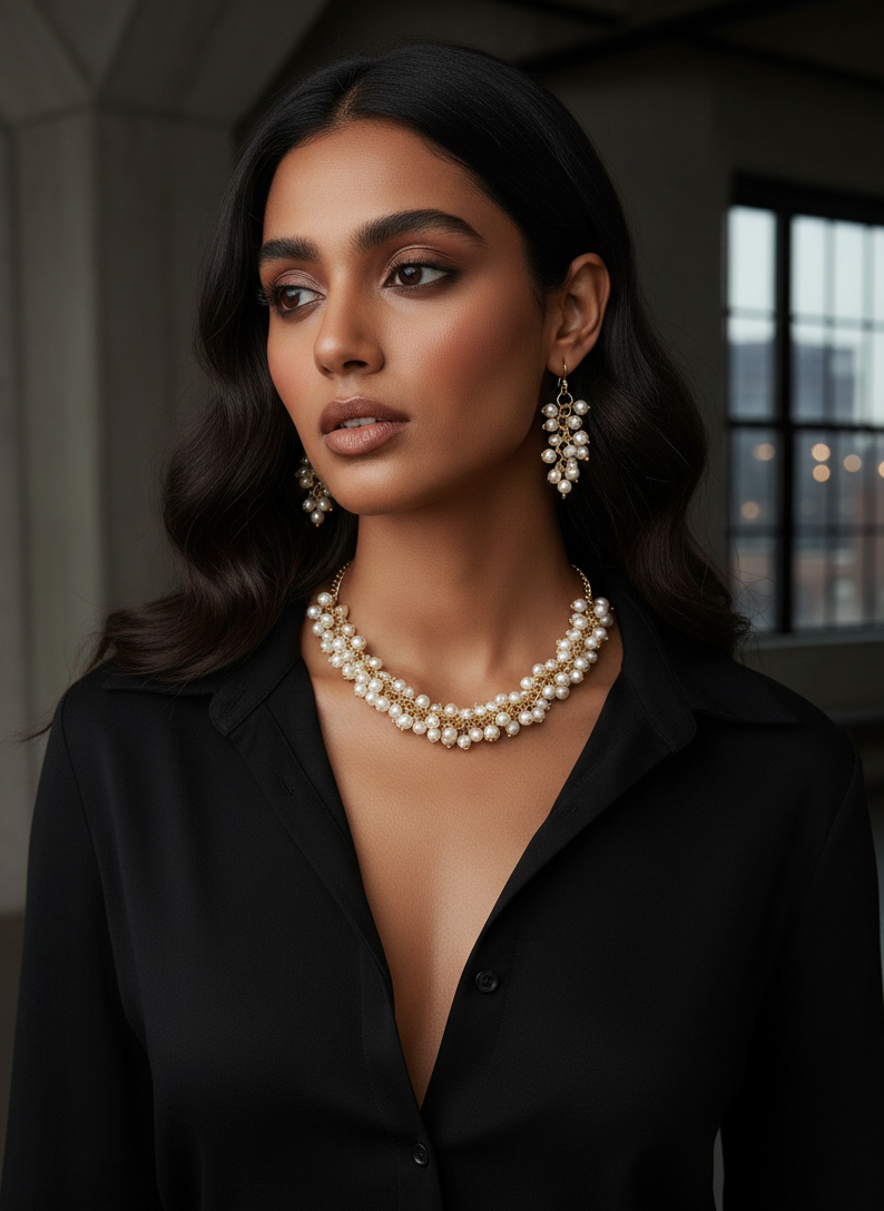 White Beaded Layered Gold Chain Necklace Set