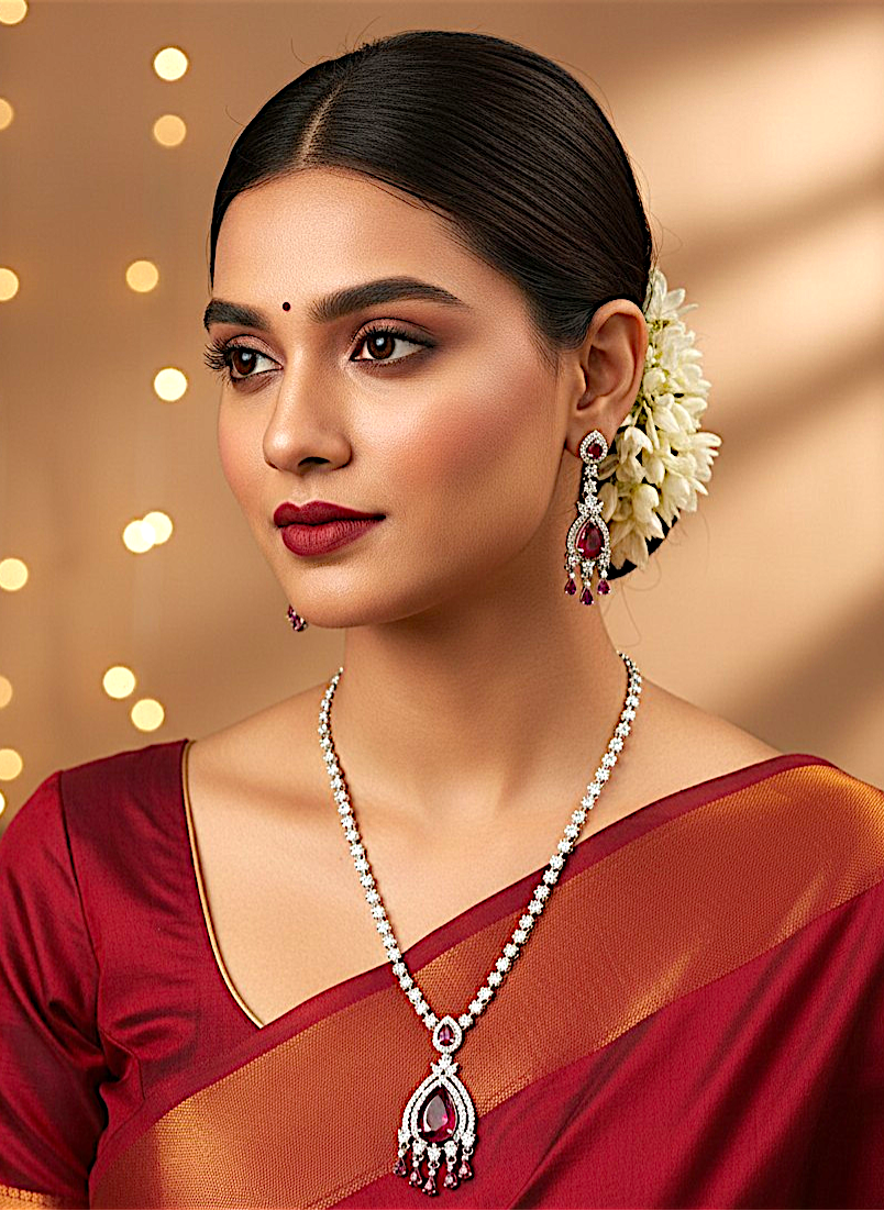 Silver Plated Necklace Set American Diamond Empress Ruby Elegance