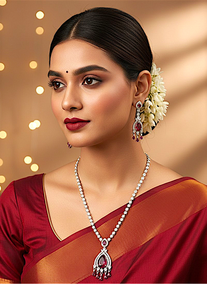Silver Plated Necklace Set American Diamond Empress Ruby Elegance
