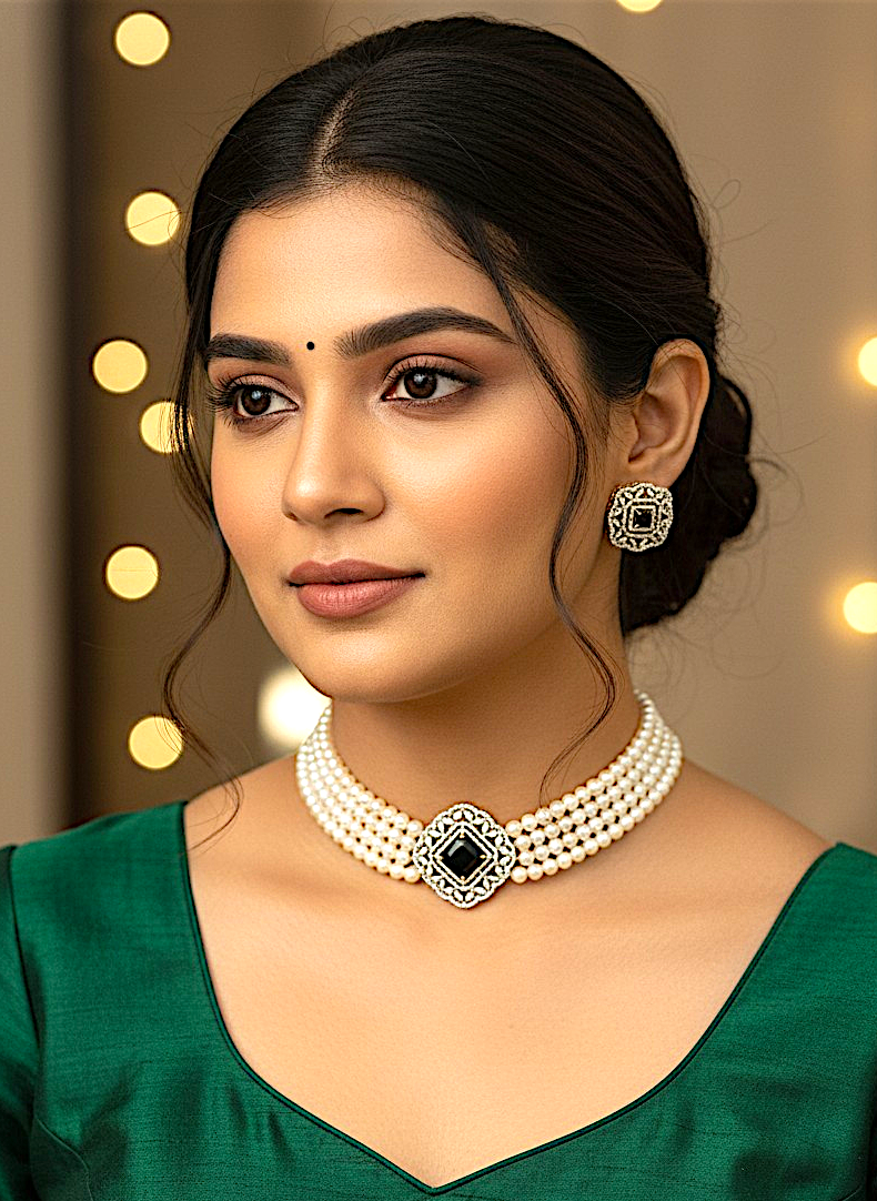 American Diamond Gold Plated Black Pearl Royale Necklace Set