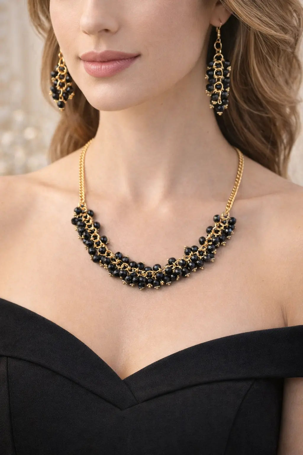 Black Beaded Gold Chain Necklace Set Coruscate Jewels
