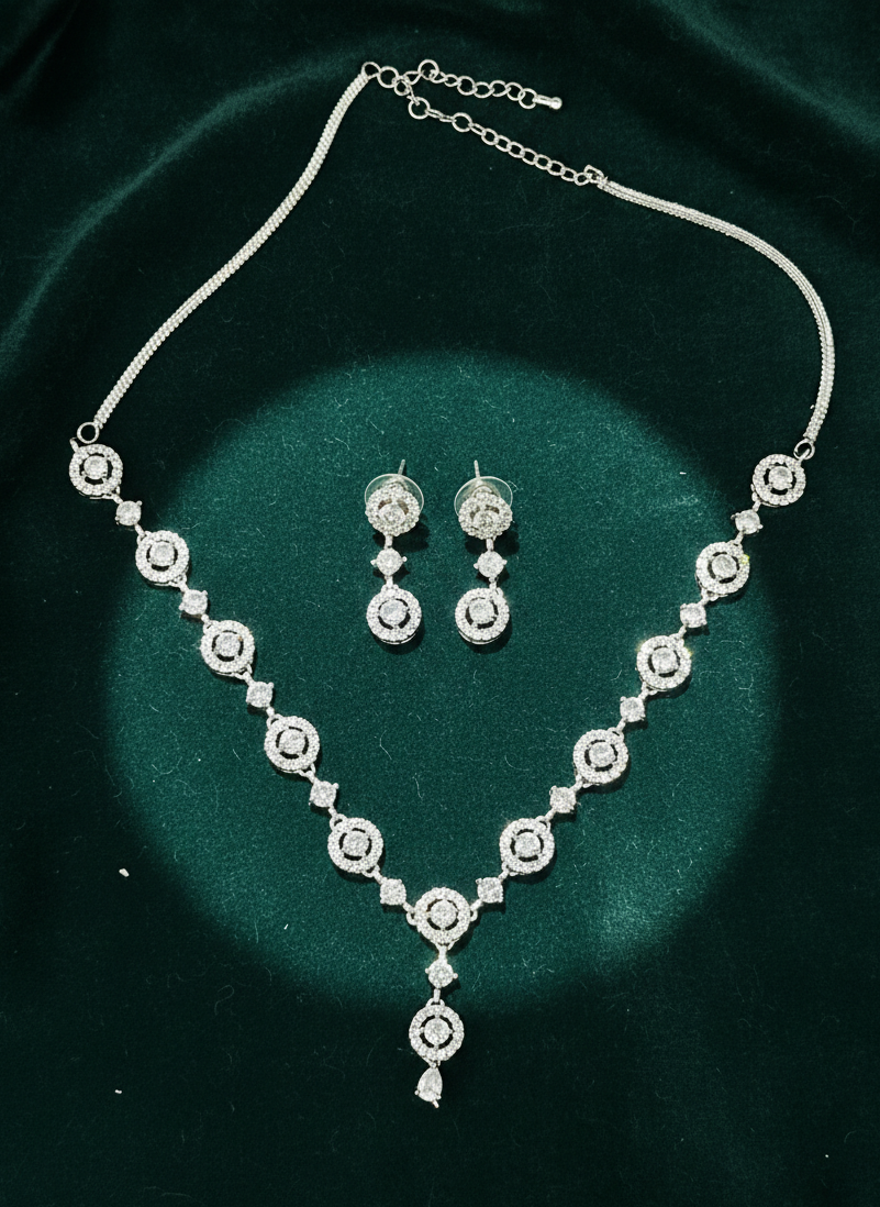American Diamond Silver Plated Celeste Halo Drop Necklace Set
