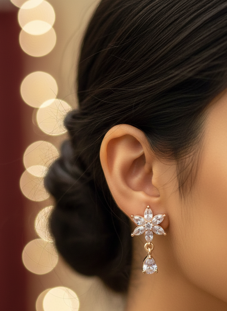 American Diamond Rose Gold Plated Star Teardrop Earrings