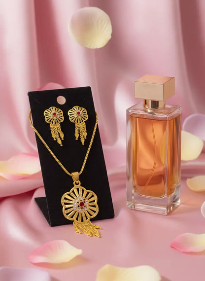 Gold-Plated Pendant Set Ruby Sunflower Cascade Coruscate Jewels