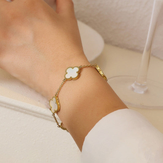 Stainless Steel Anti Tarnish White Clover Gold Plated Bracelet for Girls and Women