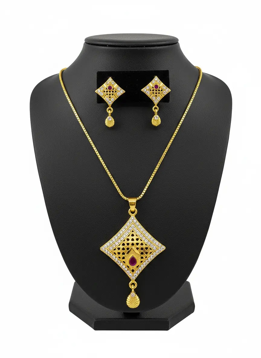 Gold Plated Pendant Set Ruby Drop Square Coruscate Jewels