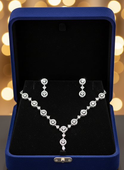 American Diamond Silver Plated Celeste Halo Drop Necklace Set