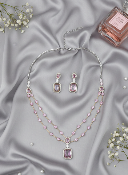 Gold Plated American Diamond Baby Pink Necklace Set Prism Aura