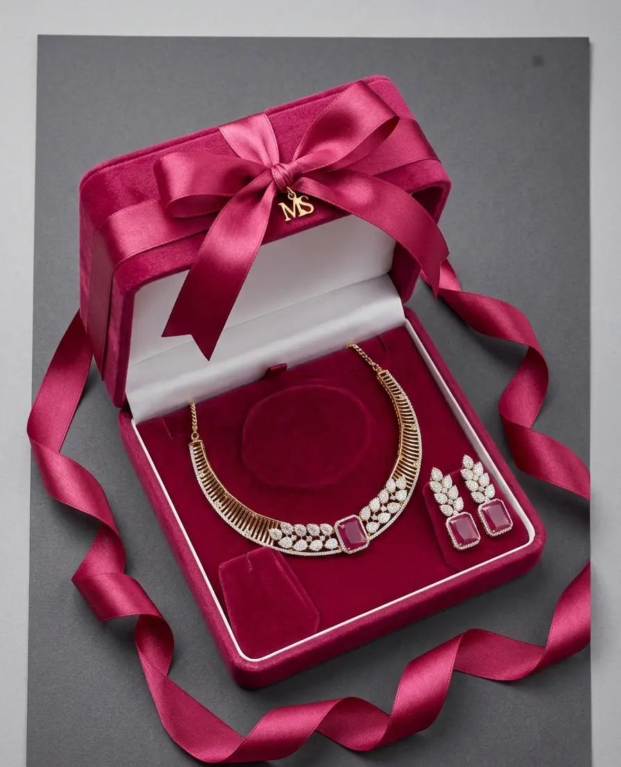 American Diamond Gold-Plated Ruby Leaf Style Necklace Set Coruscate Jewels