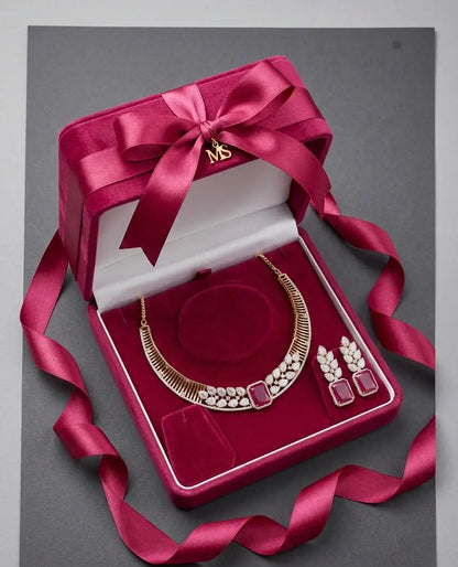 American Diamond Gold-Plated Ruby Leaf Style Necklace Set Coruscate Jewels