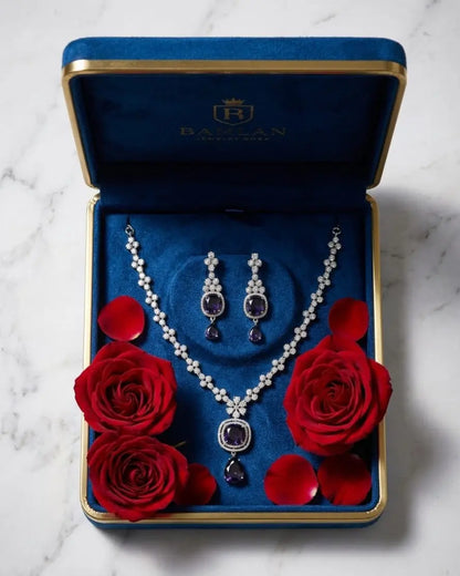 American Diamond Silver-Plated Cocentric Purple Silver Necklace Set Coruscate Jewels
