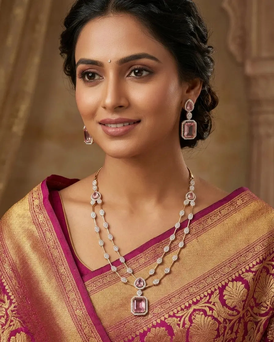 Gold Plated American Diamond Baby Pink Necklace Set Prism Aura Coruscate Jewels