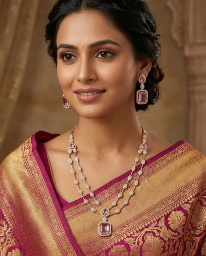 Gold Plated American Diamond Baby Pink Necklace Set Prism Aura Coruscate Jewels