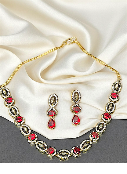 Gold-Plated American Diamond Maroon Royale Necklace Set