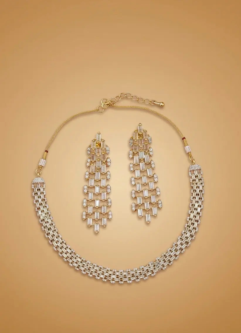 American Diamond Gold-Plated  Baguette Diamond Grace Necklace Set Coruscate Jewels