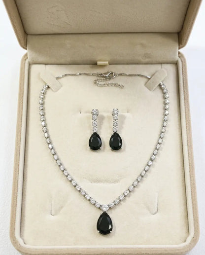 American Diamond Silver-Plated Emerald Royale Drops Necklace Set Coruscate Jewels