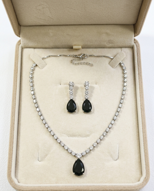 American Diamond Silver-Plated Emerald Royale Drops Necklace Set