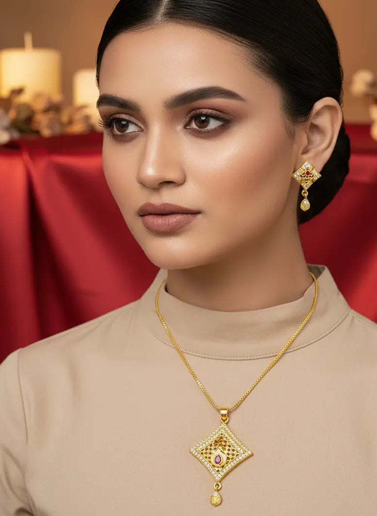 Gold Plated Pendant Set Ruby Drop Square Coruscate Jewels