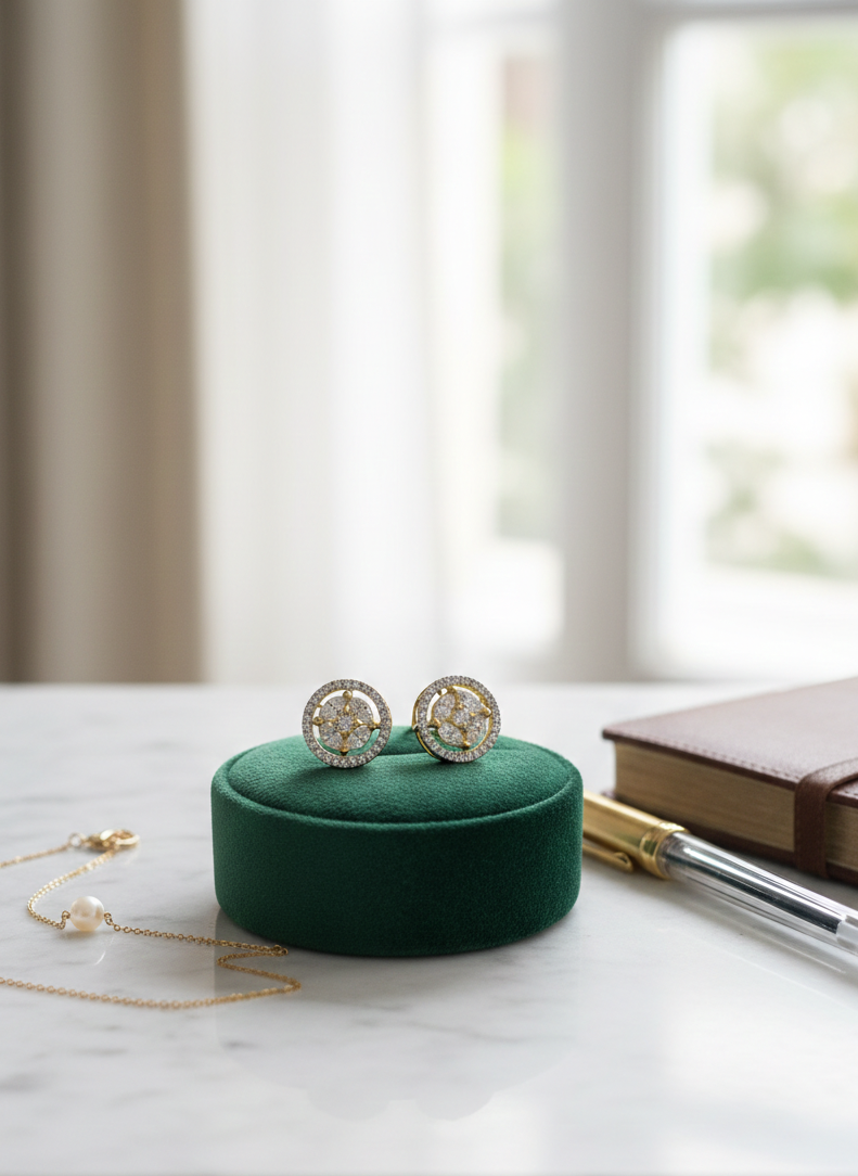 Gold Plated AD Studded Round Border Earrings