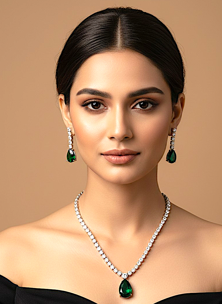 American Diamond Silver-Plated Emerald Royale Drops Necklace Set