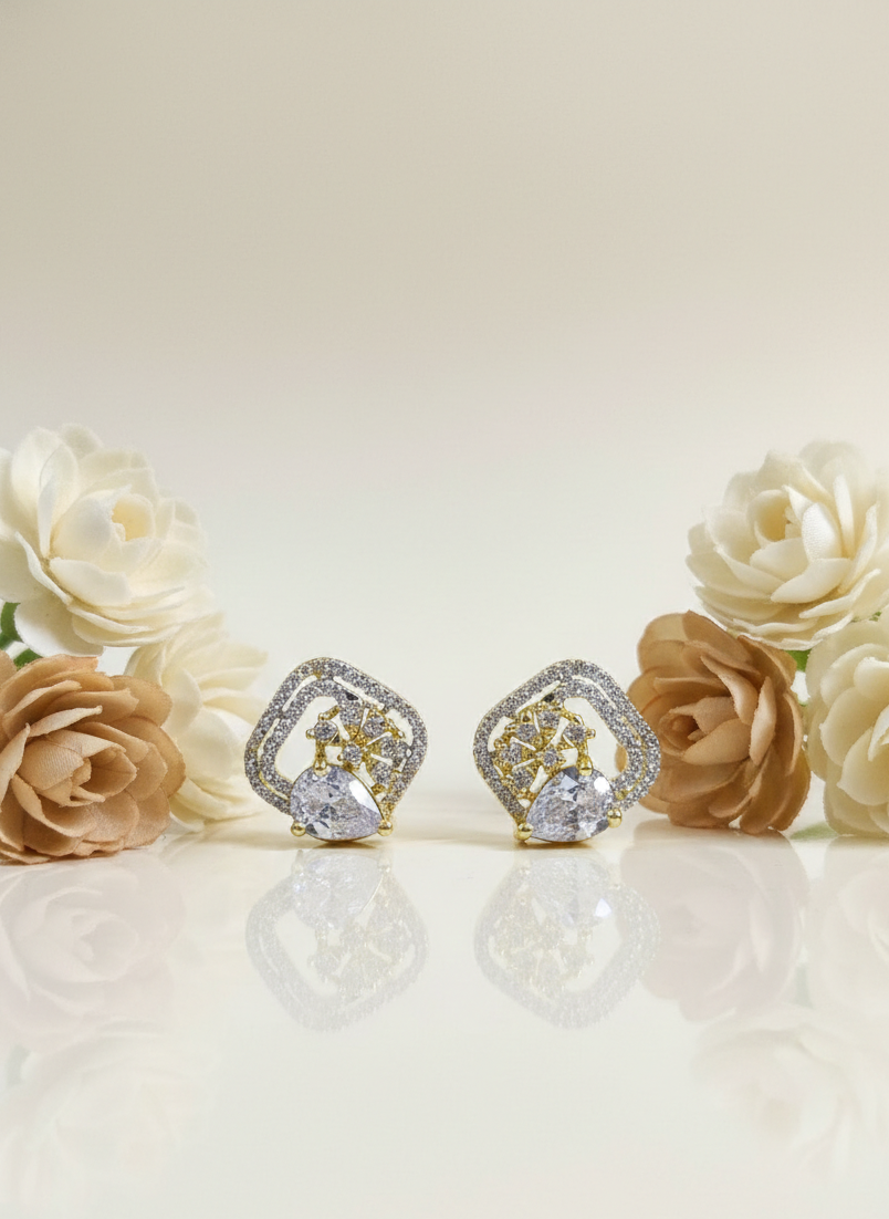 AD Earrings Gold Plated Teardrop Studded Square Design
