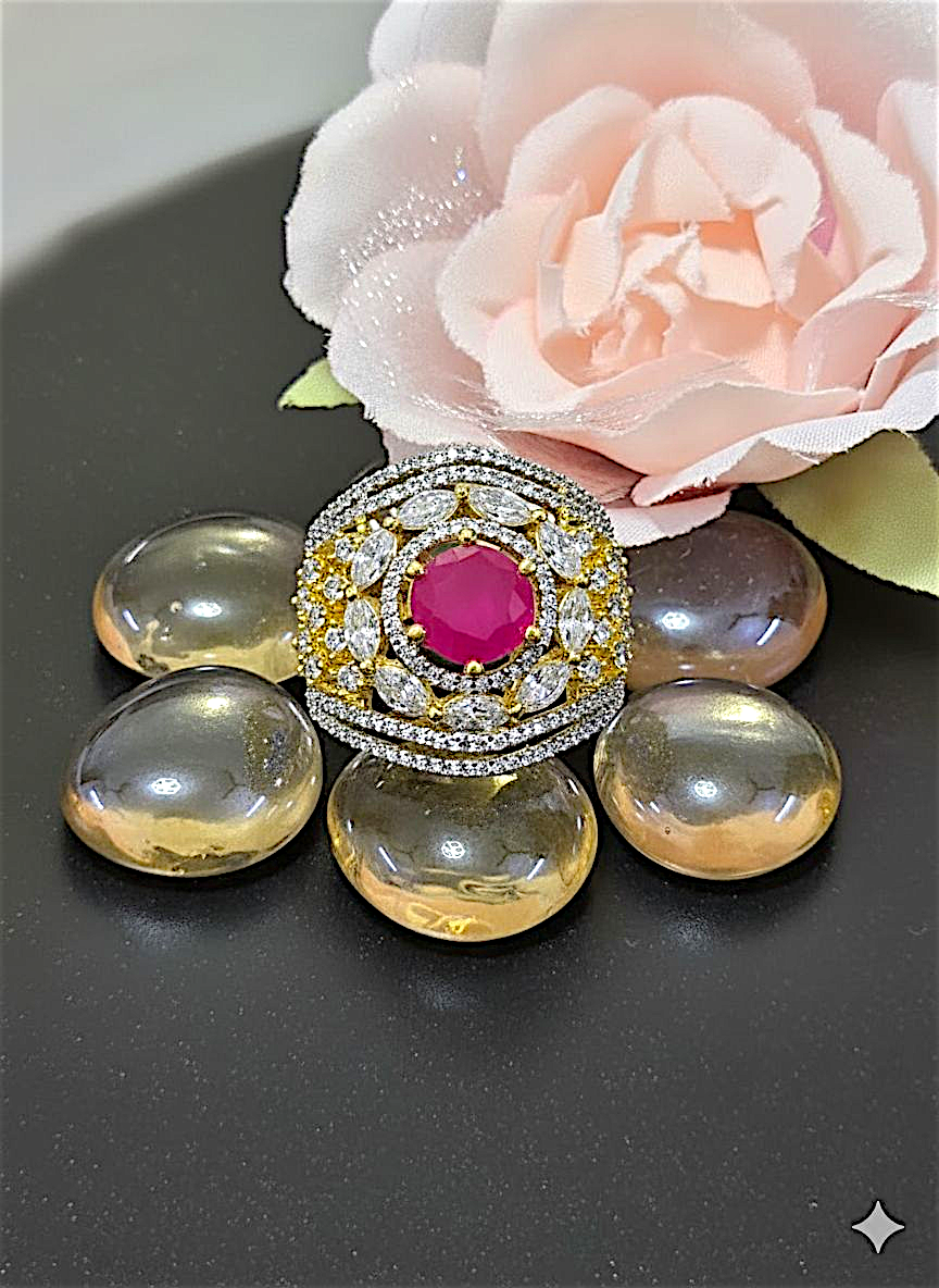 Coruscate Jewels - Adjustable Ruby Stone Statement Ring with CZ Diamonds