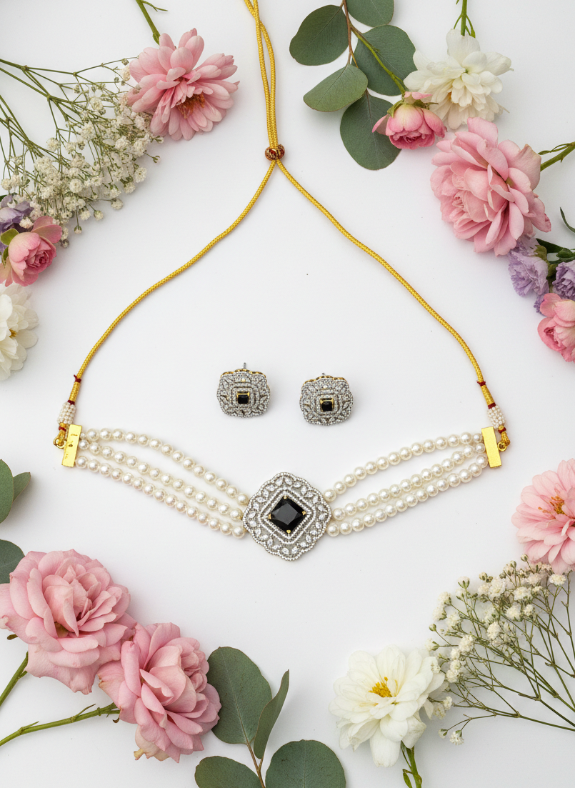 American Diamond Gold Plated Black Pearl Royale Necklace Set