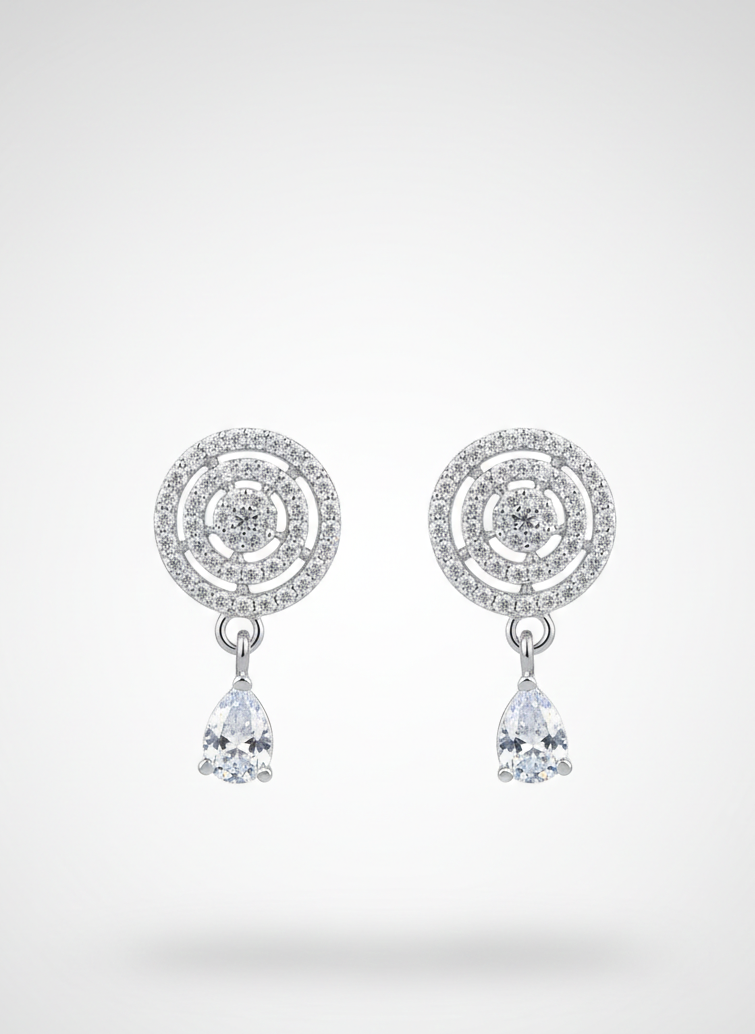 American Diamond Silver Plated Cocentric Drop Earrings