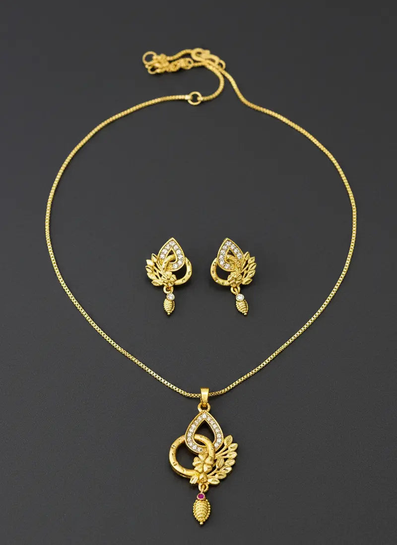 Leafy Golden Teardrop Gold-Plated Pendant Set Coruscate Jewels
