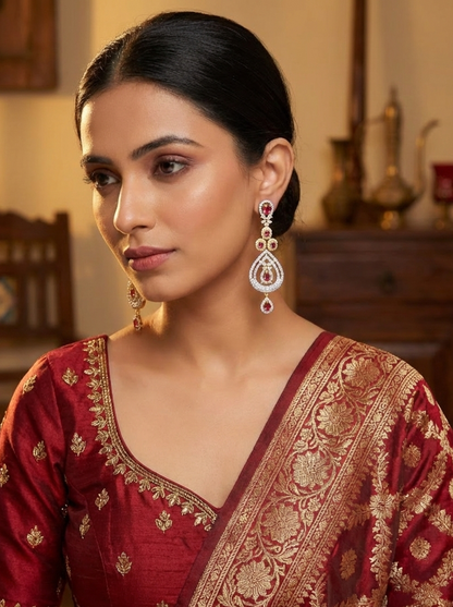 American Diamond Gold Plated Dual Teardrop Ruby Danglers