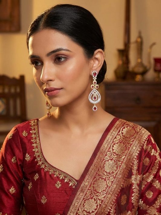 American Diamond Gold Plated Dual Teardrop Ruby Danglers