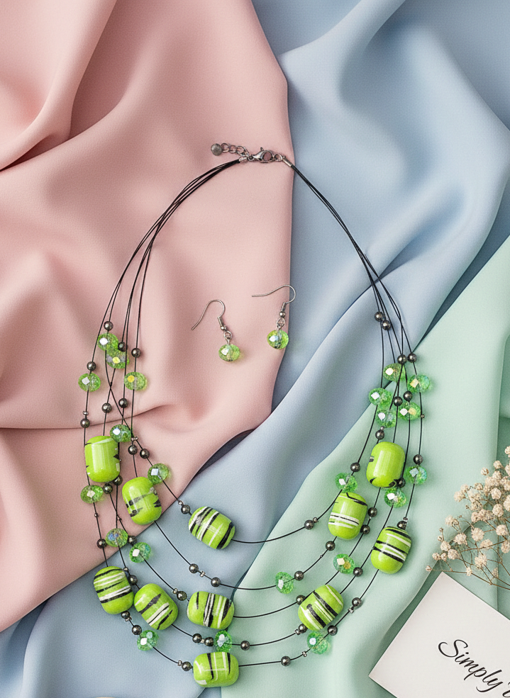 Green Striped Layered Beaded Necklace Set
