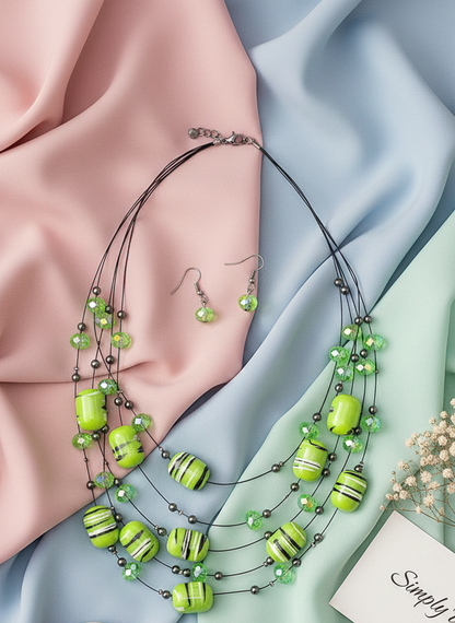 Green Striped Layered Beaded Necklace Set