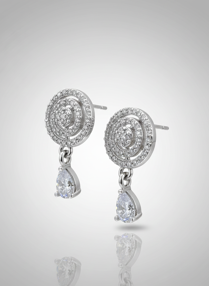 American Diamond Silver Plated Cocentric Drop Earrings