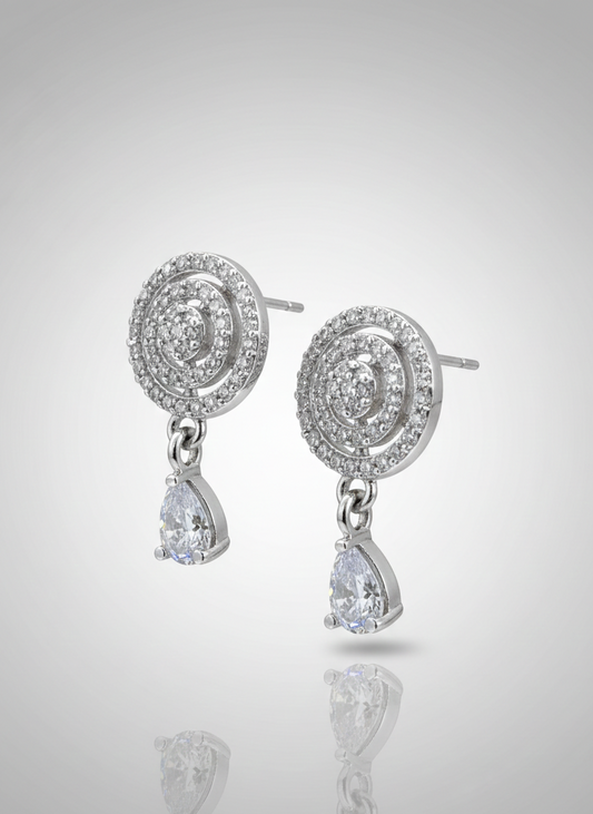 American Diamond Silver Plated Cocentric Drop Earrings