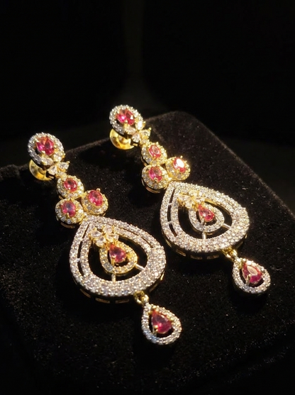 American Diamond Gold Plated Dual Teardrop Ruby Danglers