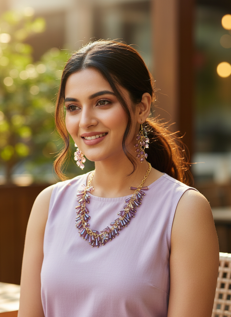 Beaded Purple Necklace Set with Earrings