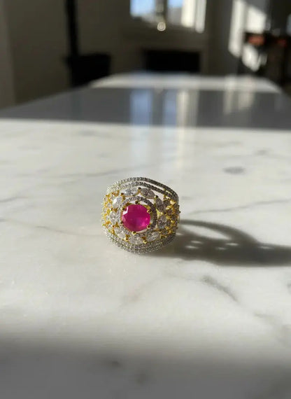 Ruby Stone American Diamond Ring Coruscate Jewels