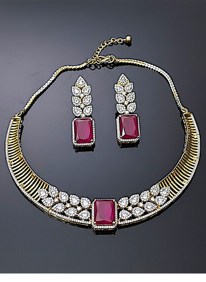 American Diamond Gold-Plated Ruby Leaf Style Necklace Set