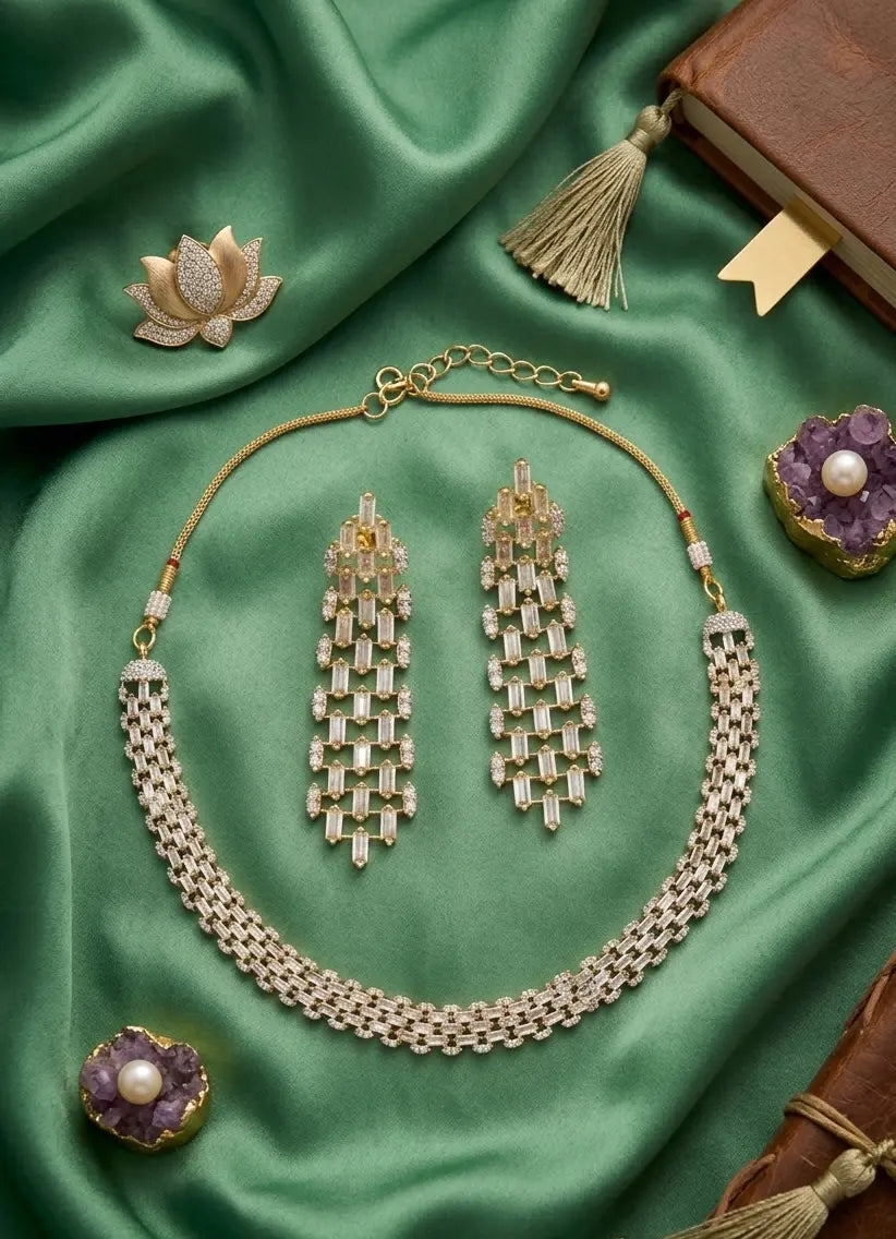 American Diamond Gold-Plated  Baguette Diamond Grace Necklace Set Coruscate Jewels