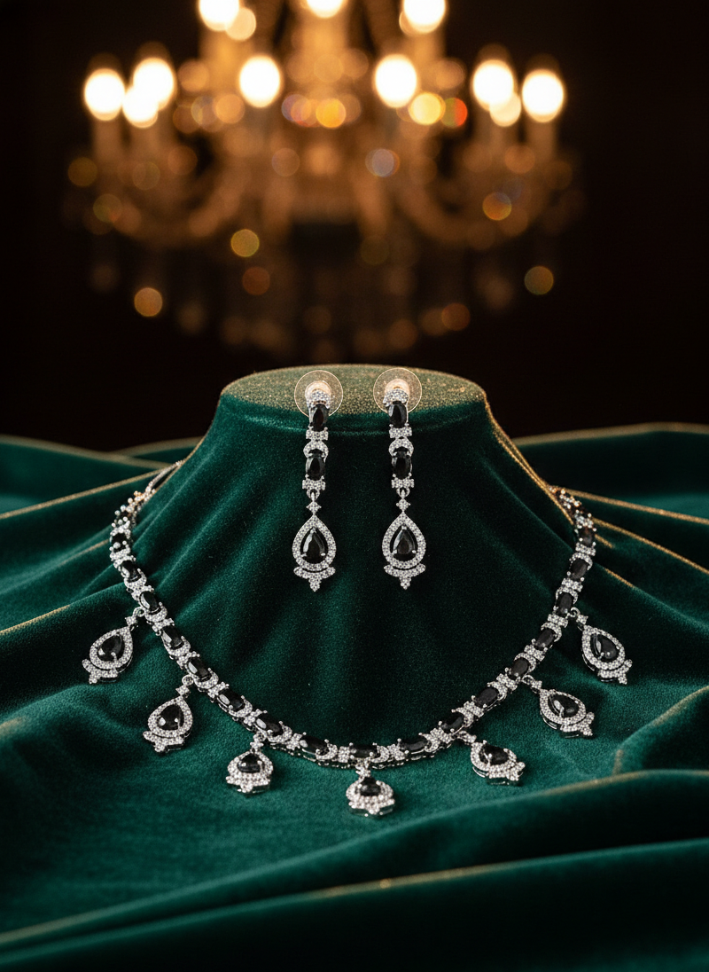 American Diamond Silver Plated Black Swan Teardrop Necklace Set