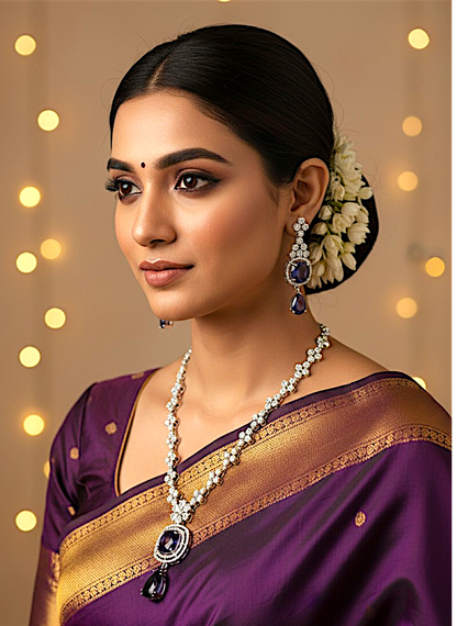 American Diamond Silver-Plated Cocentric Purple Silver Necklace Set