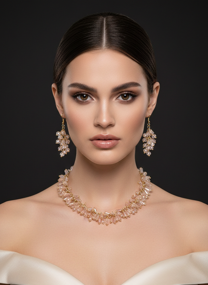 Baby Pink Beaded Gold Chain Necklace Set