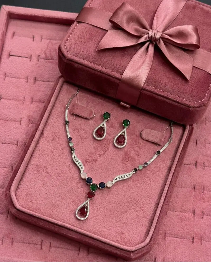 Silver-Plated American Diamond Royale Teardrop Multicolor Necklace Set Coruscate Jewels