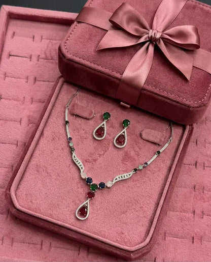 Silver-Plated American Diamond Royale Teardrop Multicolor Necklace Set Coruscate Jewels