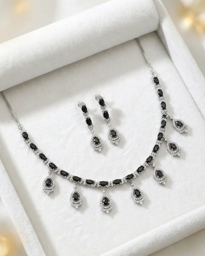 American Diamond Silver Plated Black Swan Teardrop Necklace Set Coruscate Jewels