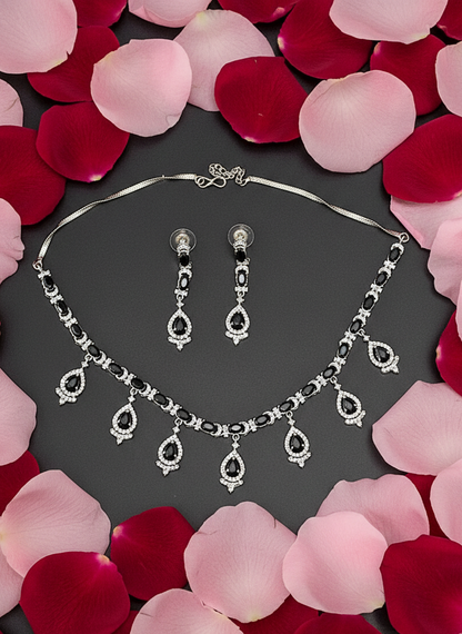 American Diamond Silver Plated Black Swan Teardrop Necklace Set