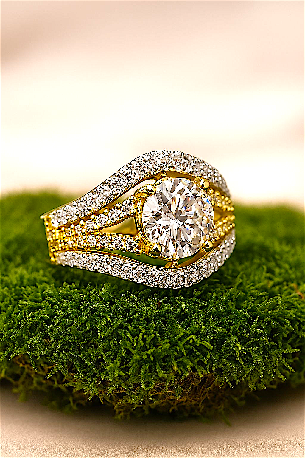 Coruscate Jewels Artisan Crafted Triple-Row Gold-Plated Crystal Cocktail Ring